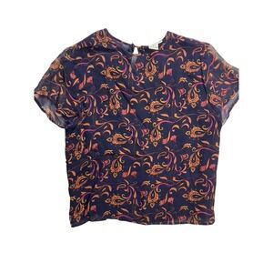 Vintage Hana Sung Women's Silk Paisley Short Sleeve Blouse Navy Pink Orange S‎